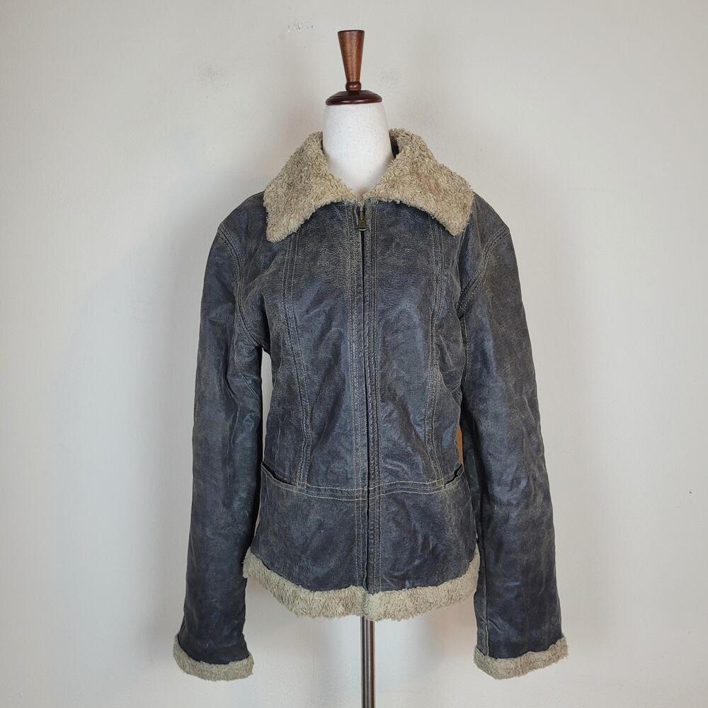 Vintage XOXO Leather Jacket Small Brown Faux Fur Collar Bomber Aviator Zip Y2K